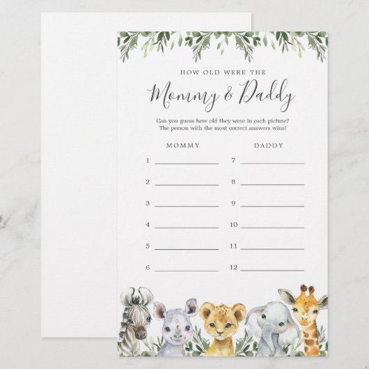 Safari Baby shower Hoe oud waren ze spel Kaart (Voorkant / Achterkant)