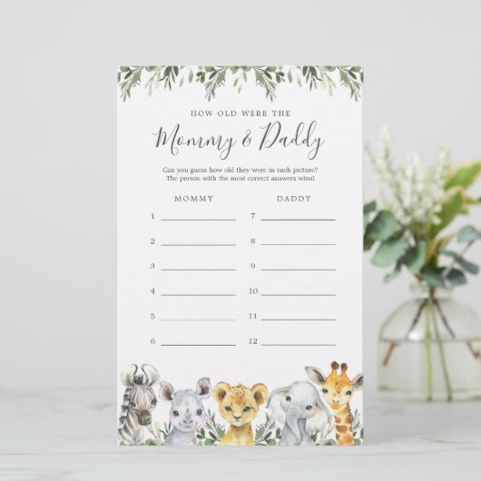 Safari Baby shower Hoe oud waren ze spel Kaart (Staand voorkant)