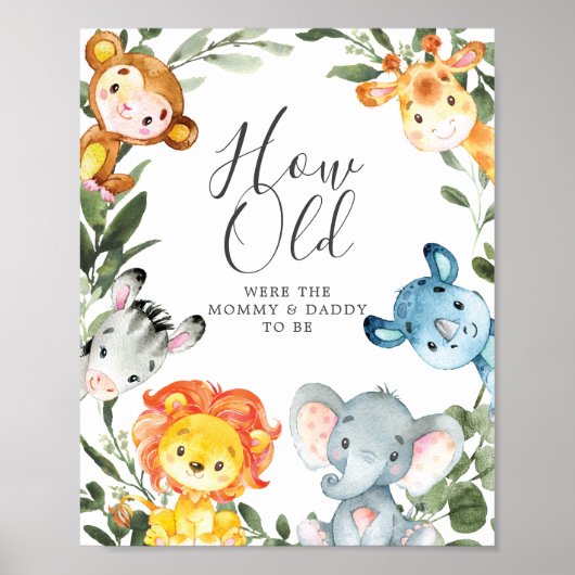 Safari Baby shower Hoe oud waren ze spel Poster (Voorkant)