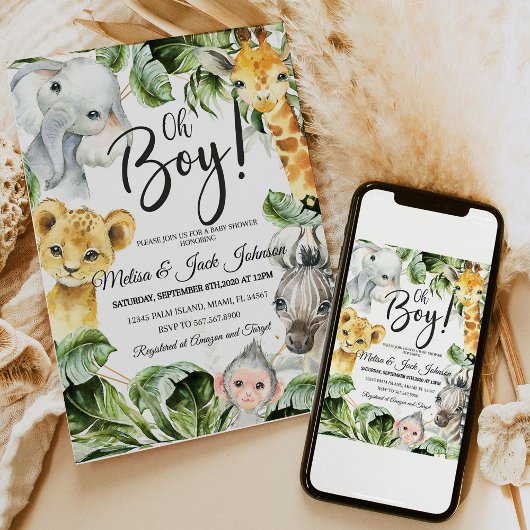 Safari Baby shower Invitation Boy, Jungl Wild baby Kaart