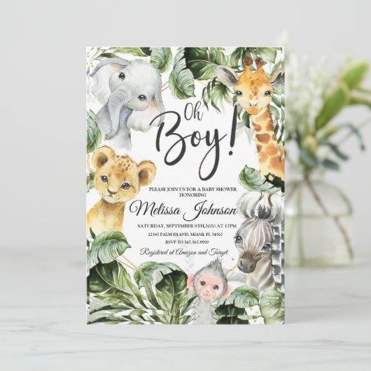 Safari Baby shower Invitation Boy, Jungl Wild baby Kaart (Staand voorkant)