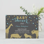 Safari Baby shower Invitation, Faux Gold, Aqua Kaart (Staand voorkant)