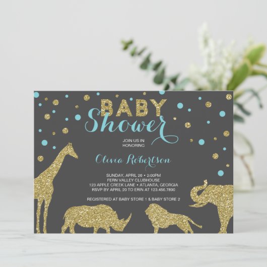 Safari Baby shower Invitation, Faux Gold, Aqua Kaart (Staand voorkant)