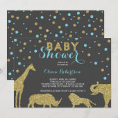Safari Baby shower Invitation, Faux Gold, Aqua Kaart (Voorkant / Achterkant)