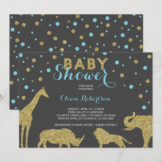 Safari Baby shower Invitation, Faux Gold, Aqua Kaart (Voorkant / Achterkant)