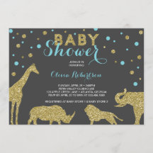 Safari Baby shower Invitation, Faux Gold, Aqua