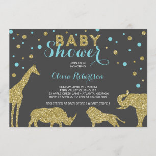 Safari Baby shower Invitation, Faux Gold, Aqua Kaart