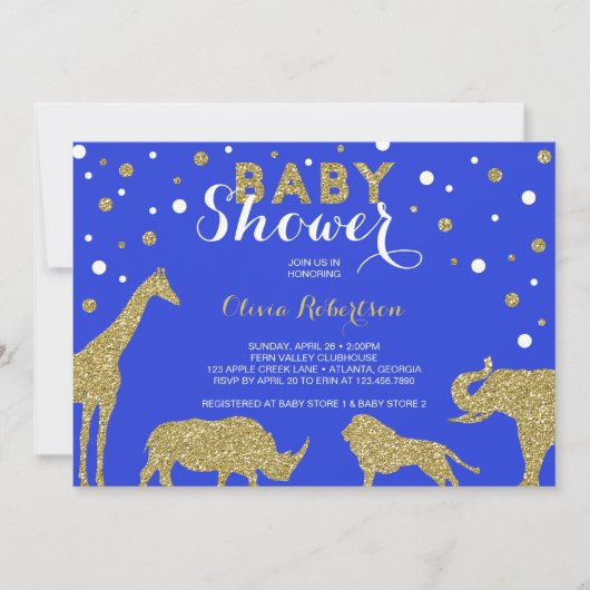 Safari Baby shower Invitation, Faux Gold, Blauw Kaart (Voorkant)
