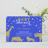 Safari Baby shower Invitation, Faux Gold, Blauw Kaart (Staand voorkant)