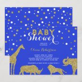 Safari Baby shower Invitation, Faux Gold, Blauw Kaart (Voorkant / Achterkant)