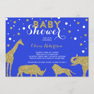 Safari Baby shower Invitation, Faux Gold, Blue Kaart