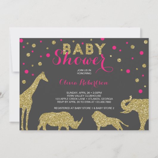 Safari Baby shower Invitation, Faux Gold, Roze Kaart (Voorkant)