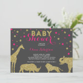 Safari Baby shower Invitation, Faux Gold, Roze Kaart (Staand voorkant)