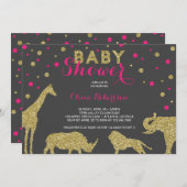 Safari Baby shower Invitation, Faux Gold, Roze Kaart (Voorkant / Achterkant)