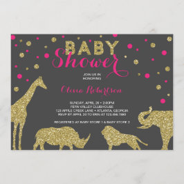Safari Baby shower Invitation, Faux Gold, Roze Kaart