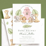 Safari Baby Shower Invitation Girl Jungle Kaart<br><div class="desc">Celebrate your little wild one with this adorable safari-themed baby shower invitation! Featuring sweet watercolor jungle animals like a giraffe, elephant, lion, monkey, and zebra alongside soft tropical greenery and a blush pink baby outfit, this design creates a warm and playful jungle vibe. The coordinating pattern on the back adds...</div>