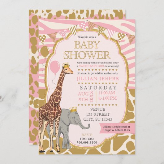Safari Baby shower Invitation (Meisje Roze) Kaart (Voorkant / Achterkant)