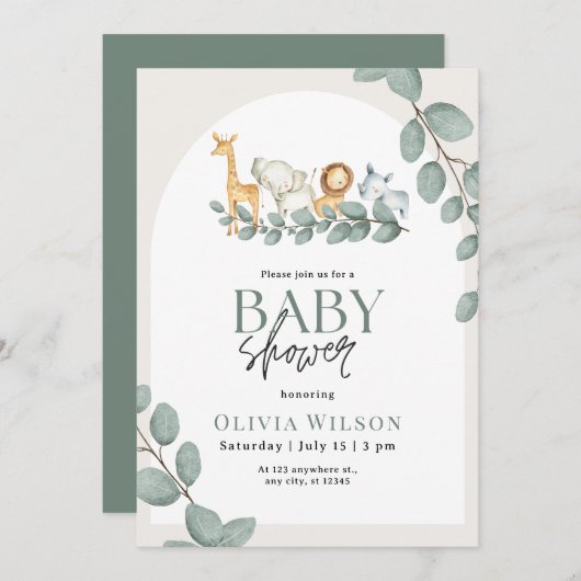 Safari Baby Shower Invite, Greenery Jungle Neutral Kaart (Voorkant / Achterkant)