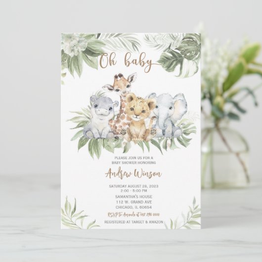 Safari baby shower jongens uitnodiging bundel (Staand voorkant)