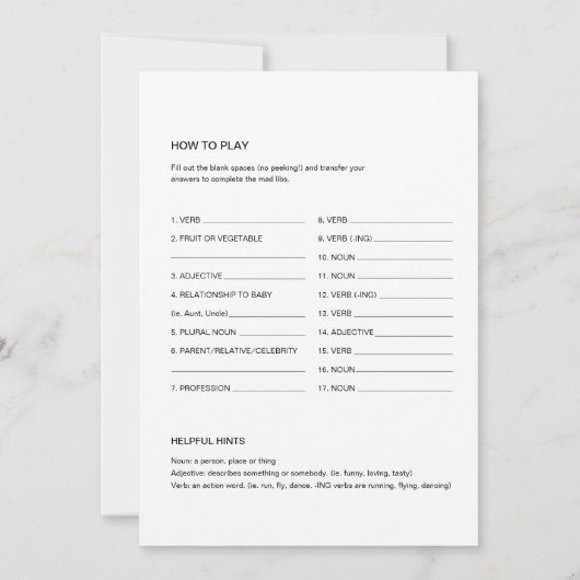 SAFARI Baby shower Libs, vul het blanco spel in Kaart (Achterkant)