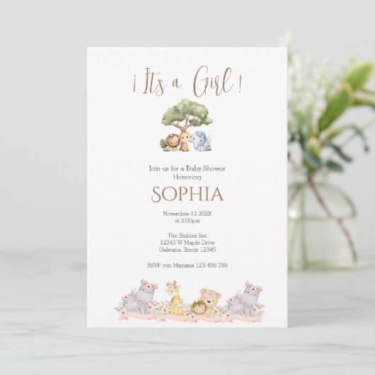 Safari Baby shower Meisjesuitnodiging Kaart (Staand voorkant)