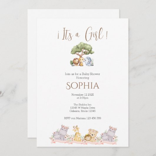 Safari Baby shower Meisjesuitnodiging Kaart (Voorkant / Achterkant)