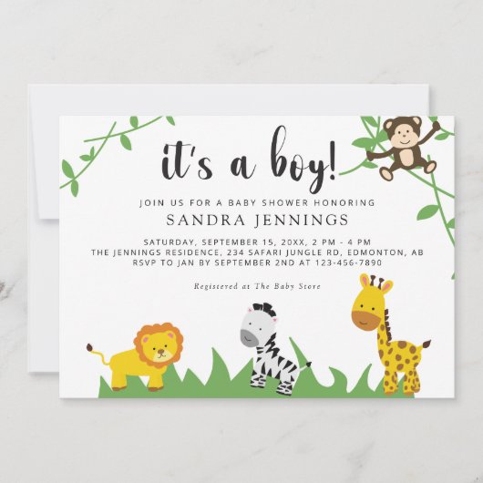 Safari Baby shower Oerwoud Animals Cute Boy Kaart (Voorkant)