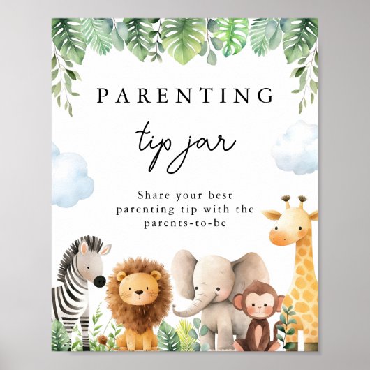 Safari Baby shower Ouderschap Tip Jar Sign Poster (Voorkant)