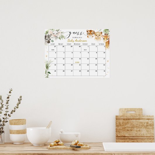 Safari Baby Shower Raad de Bevalling Datum Kalende Poster (Keuken)