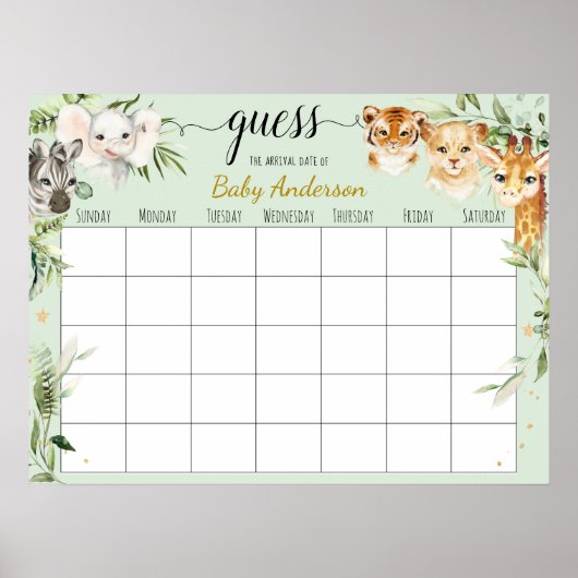 Safari Baby Shower Raad de Bevallingdatum Kalender Poster (Voorkant)