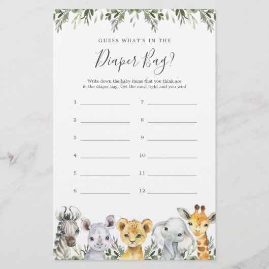 Safari Baby shower Raad eens wat er in de luiertas (Voorkant)