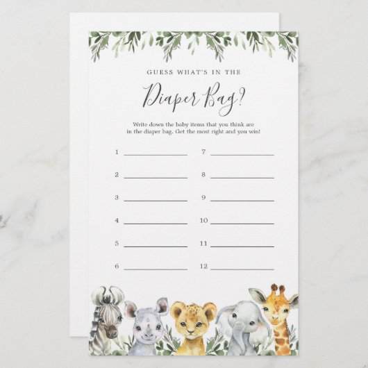 Safari Baby shower Raad eens wat er in de luiertas (Voorkant / Achterkant)