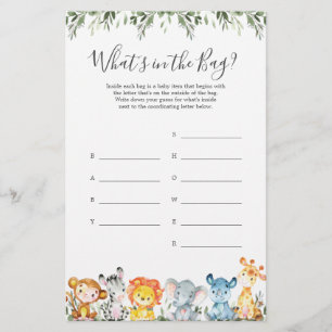 Safari Baby shower Raad eens wat er in de tas spel