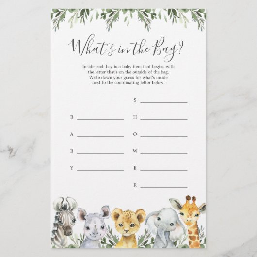 Safari Baby shower Raad eens wat er in de tas spel (Voorkant)