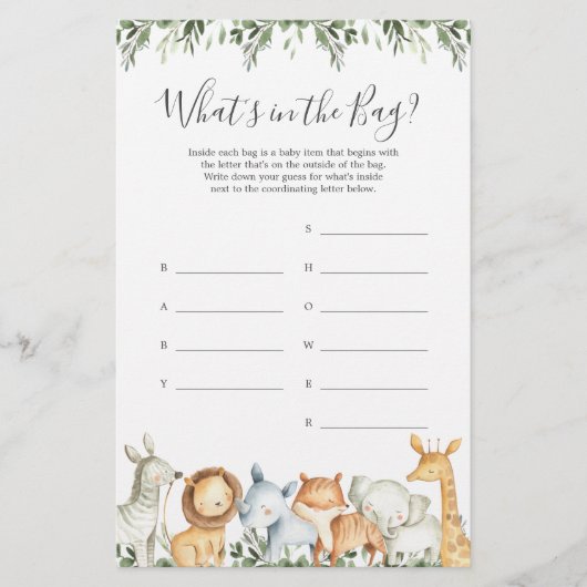 Safari Baby shower Raad eens wat er in de tas spel (Voorkant)
