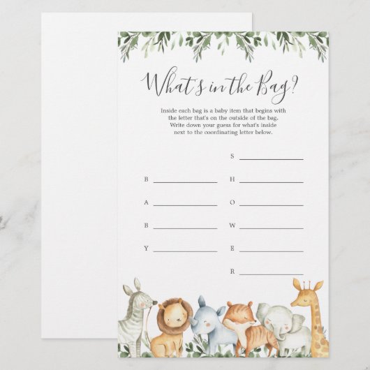 Safari Baby shower Raad eens wat er in de tas spel (Voorkant / Achterkant)