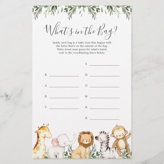 Safari Baby shower Raad eens wat er in de tas spel (Voorkant)