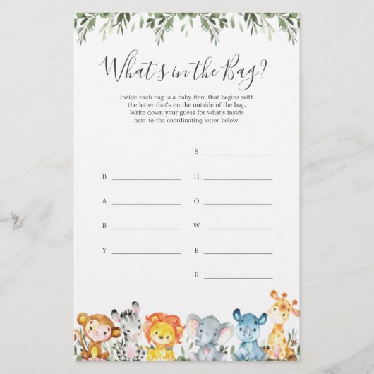 Safari Baby Shower Raad wat er in de Tas Zit Spel (Voorkant)