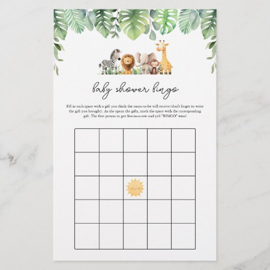 Safari Baby shower Spel - Baby shower Bingo Flyer (Voorkant)