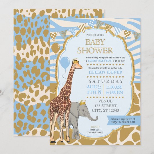Safari Baby shower Uitnodiging - Blue Boy (Voorkant / Achterkant)