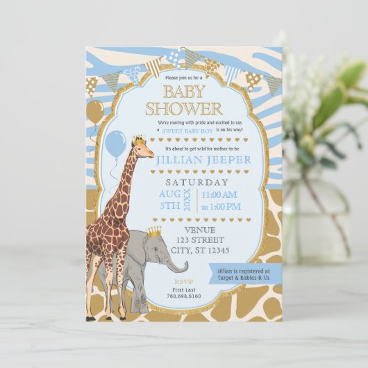 Safari Baby shower Uitnodiging - (Boy Blue) (Staand voorkant)