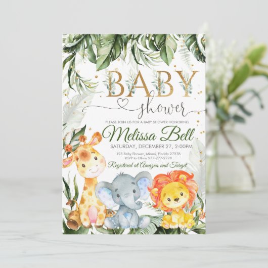 Safari Baby shower Uitnodiging Jongen Goud Jong Wi (Staand voorkant)