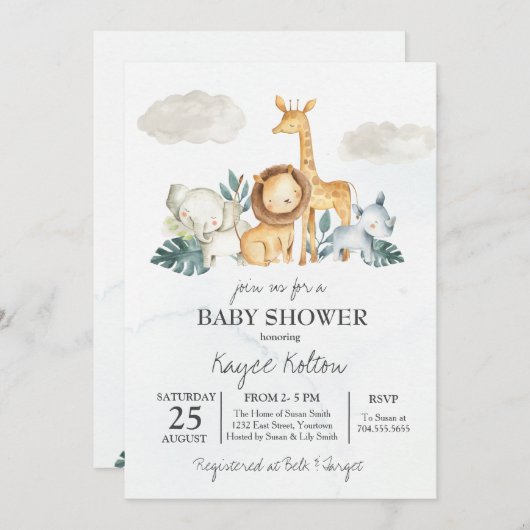 Safari Baby shower Uitnodiging,  Oerwoud Kaart (Voorkant / Achterkant)