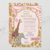 Safari Baby shower Uitnodiging - Roze Meisje (Voorkant / Achterkant)