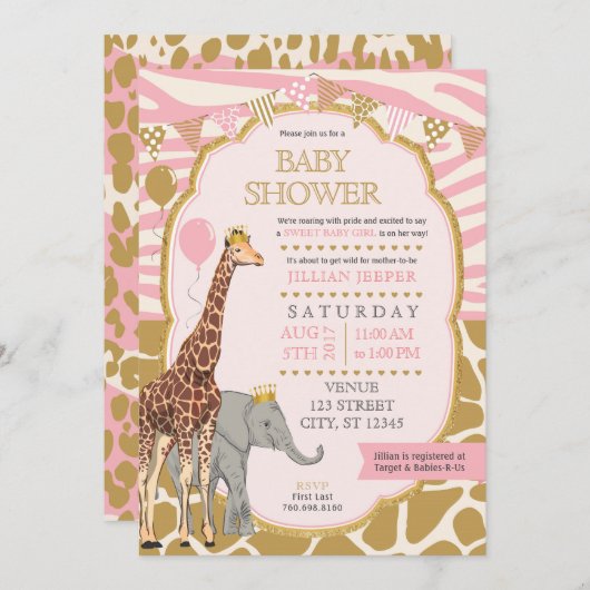 Safari Baby shower Uitnodiging - Roze Meisje (Voorkant / Achterkant)