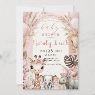 Safari Baby Shower Uitnodiging Roze Meisje Jungle