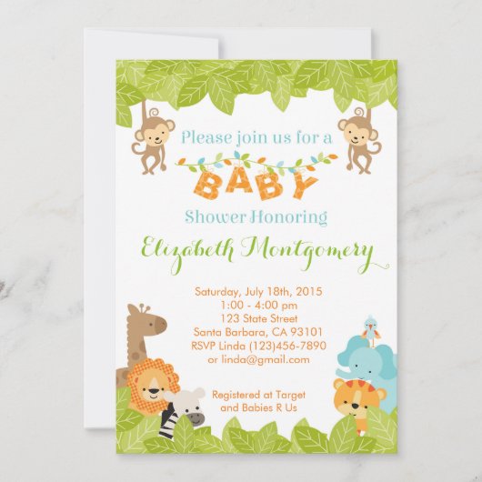 Safari Baby shower Uitnodiging tot dierproeven (Voorkant)