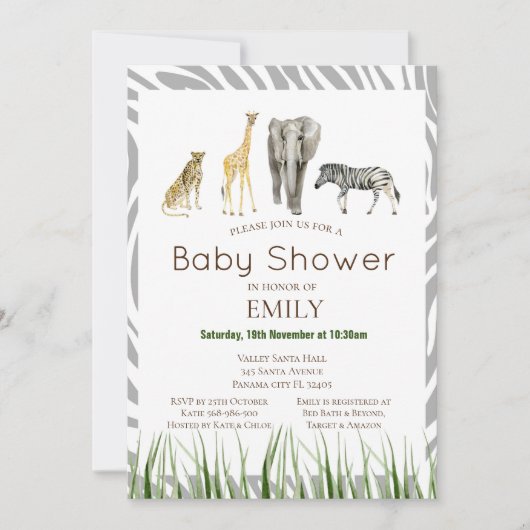 Safari baby shower uitnodiging, verjaardagsuitnodi kaart (Voorkant)