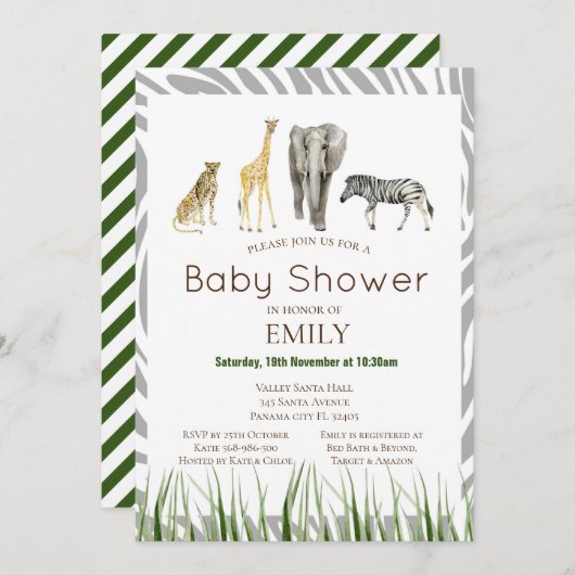 Safari baby shower uitnodiging, verjaardagsuitnodi kaart (Voorkant / Achterkant)