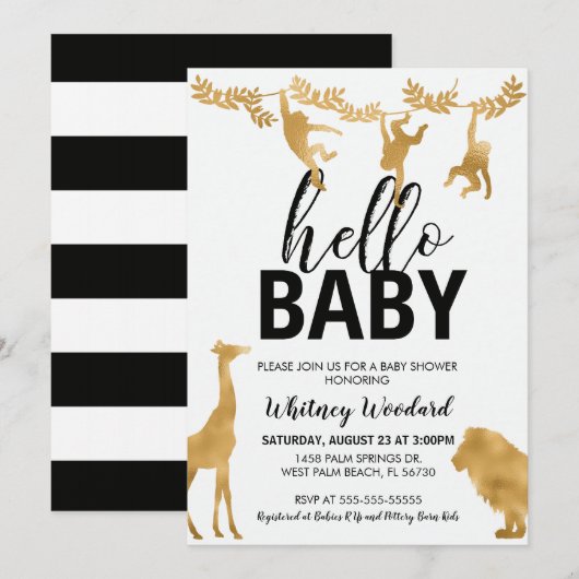 Safari Baby shower Uitnodiging | Zwart en goud (Voorkant / Achterkant)